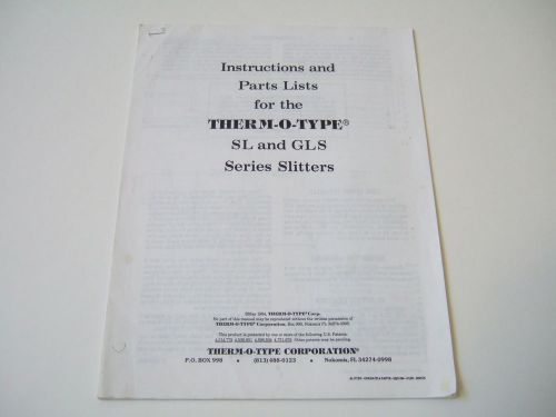 Thermotype sl gls series slitters instructions parts lists for sale