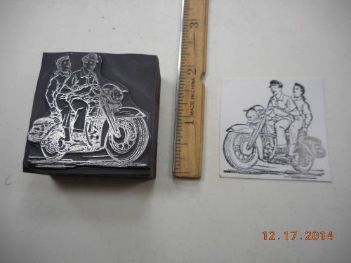 Letterpress Printing Printers Block, Old Fashion Motorcycle w Riding Couple