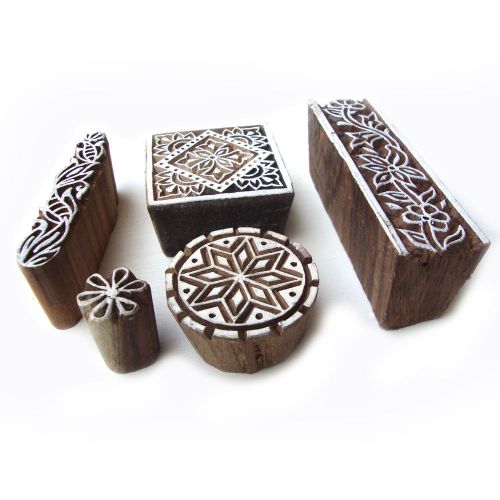 Multi Floral Motifs Hand Carved Wooden Block Printing Tags (Set of 5)