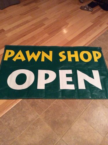 Two sided banner - green w/ yellow print - &#034;pawn shop&#034; &amp; &#034;consignment store&#034; for sale