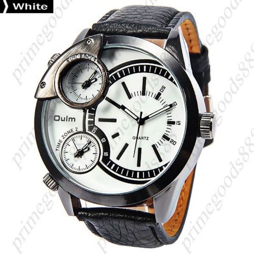 3 Time Zone Zones Leather Band Sub Dials Analog Quartz Men&#039;s Wristwatch White