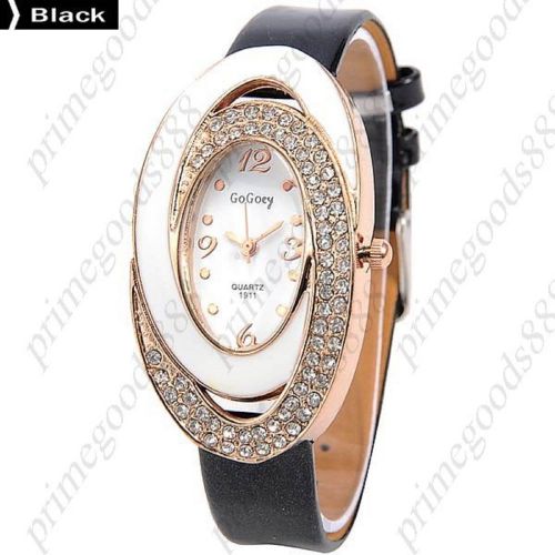 Oval analog rhinestones pu leather quartz ladies wrist wristwatch women&#039;s black for sale