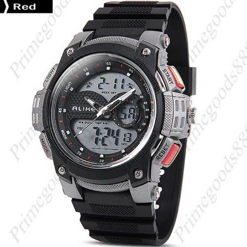 Two time zone analog digital led 2 zones men&#039;s wristwatch free shipping red for sale