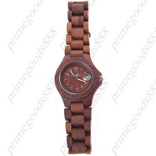 Unisex Red Sandal Wood Quartz Watch Wristwatch Date Indicator Timepiece Wooden