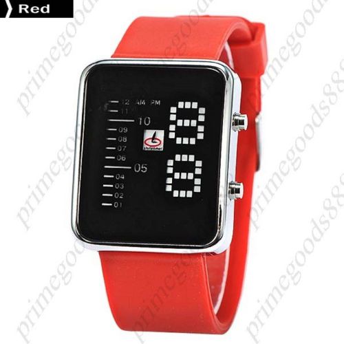 Unisex Digital Square Dial Blue LED Wrist Wristwatch Silicon Band in Red