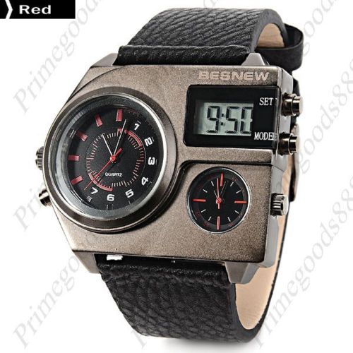 3 Time Zone Digital Quartz Analog Leather Men&#039;s Wristwatch Free Shipping Red
