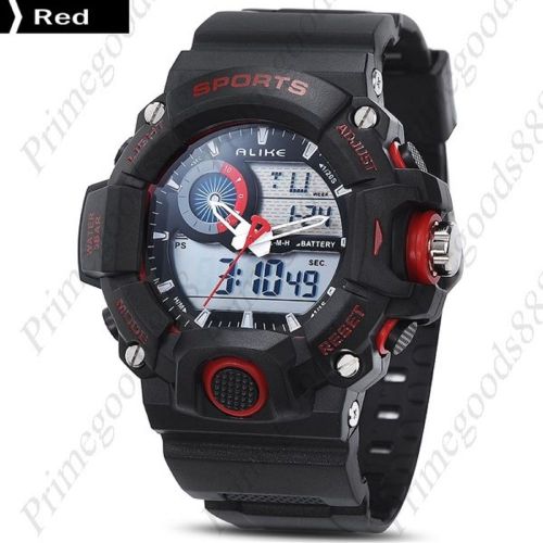 Black Digital Analog Silicone Strap Waterproof Sports Wrist Wristwatch Men&#039;s Red
