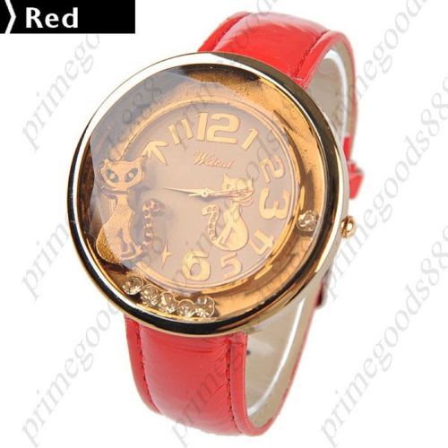 Cat Cats Round Rhinestone Gold Face Quartz Wrist Wristwatch Women&#039;s Red