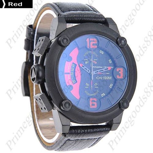 High end black case leather quartz sub dials date men&#039;s wrist wristwatch red for sale