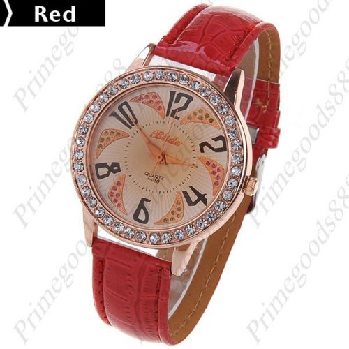 Round Rhinestone PU leather Quartz Lady Wrist Ladies Wristwatch Women&#039;s Red