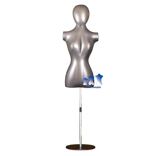 Inflatable female torso with head silver and aluminum adjustable stand brown for sale