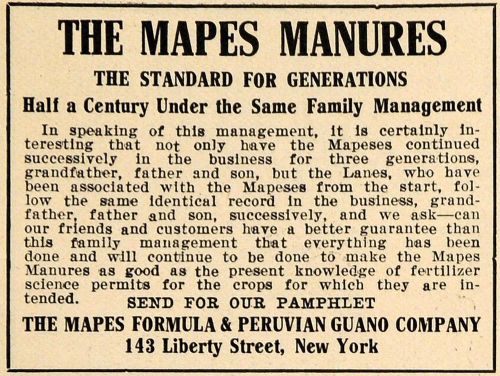 1913 Ad Mapes Formula &amp; Peruvian Guano Co. Manures - ORIGINAL ADVERTISING TIN5
