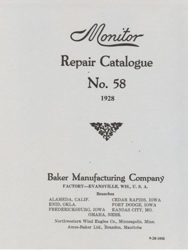 Monitor Repair Catalogue No 58 Windmill Engine 1928 Baker Wisconsin Illustrated