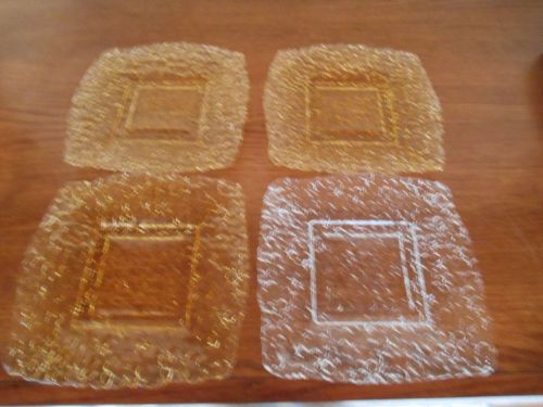 Unique Square Frozen Crystal clear &amp; amber Glass serving/accent plates lot of 4