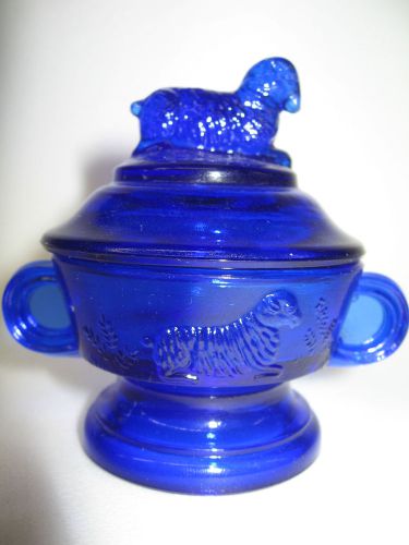 Cobalt Blue glass childs cookie / cracker jar lamb sheep pattern sugar childrens