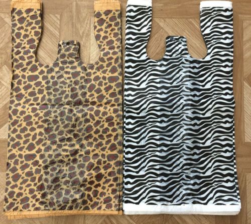 100qty. 50pcs leopard &amp; 50pcs zebra print plastic t-shirt bags 8 x 5 x 16 inches for sale
