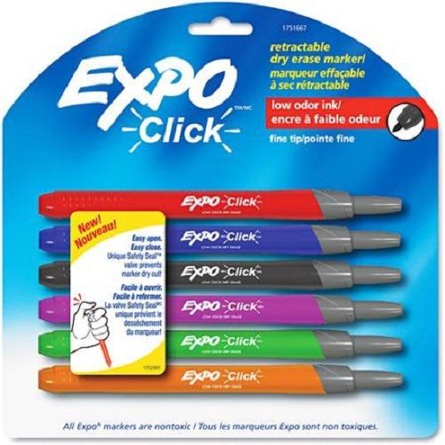 EXPO Click Dry Erase Markers, Fine Tip, Assorted, 6 per Set