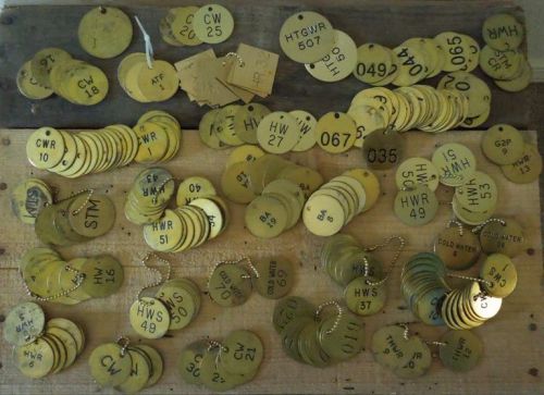 Huge lot of 248 solid brass round/square numbered tags steampunk industrail art for sale