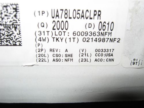 UA78L05ACLPR QTY 2000 TEXAS INSTRUMENTS 0610 DC FACT BOX AND REEL NEW PRODUCT
