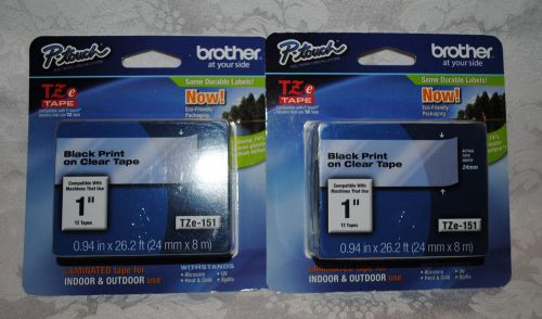 New Genuine Brother P-Touch Pack of TWO TZe-151 (.94 inch) Black on Clear Tapes