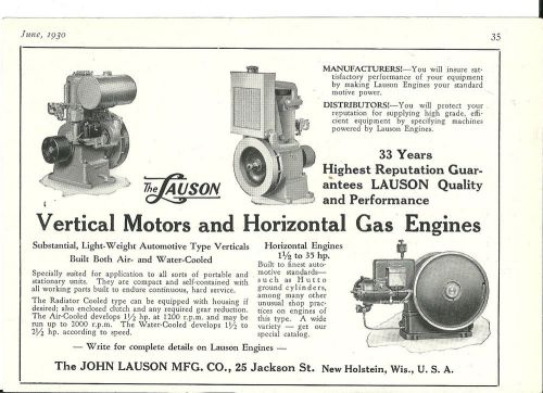 June 1930 John Lauson Mfg.Co. New Holstein Wis. Vertical Motors &amp; Gas Engines ad