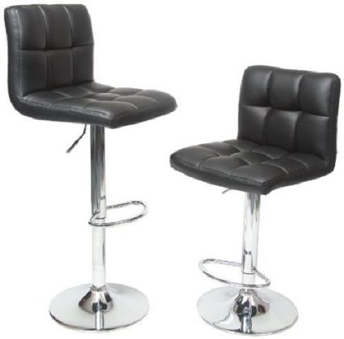 Adjustable Modern Hydraulic Bar Stool Pleated Swivel Black Leather Set of 2