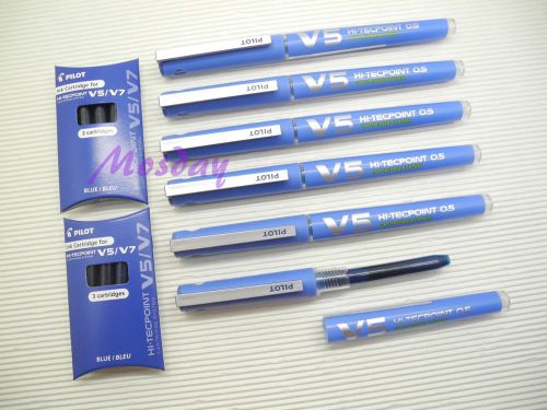 6pcs Pilot Hi-Tecpoint V5 Cartridge System RollerBall Pen+Refill 6+6, BLUE
