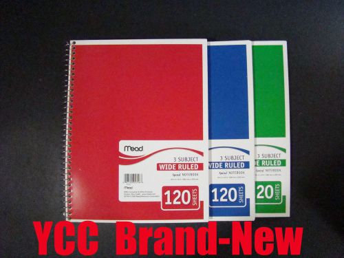 Mead Spiral Notebook,3subject,120sheets,wide ruled,3 color cover,10.5x8in,3pk