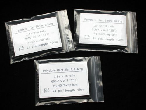 DIA 3mm Diameter 1/8&#034; Heat Shrink Tubing Kit Black Colors Plastic bag 3 packages