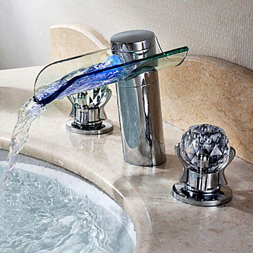 Modern LED Lighted Waterfall Sink Faucet Tap with Crystal Handles Free Shipping