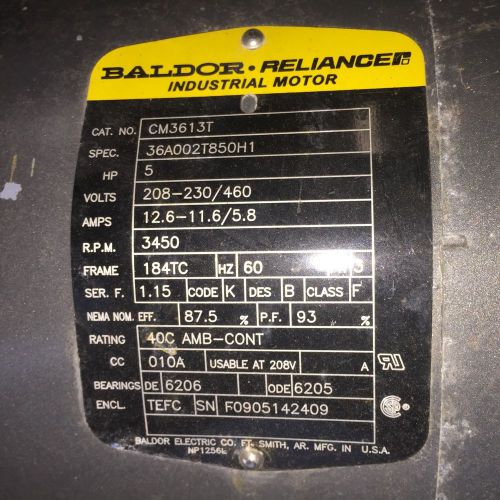 Baldor motor m3613t 208-230/460 5hp rpm 3450 - used for sale