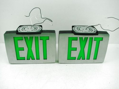 2 exit signs lighted led green &amp; stainless steel emergency / battery back-up for sale