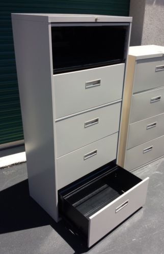 Steelcase office filing cabinets 5 drawers, top flips open, hanging file folders