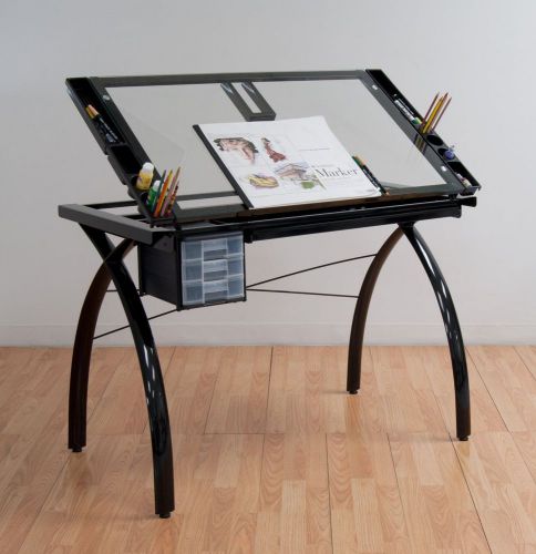 #1 Art Table Drafting Desk Drawing Board Hobby Craft Station Studio Glass, Black