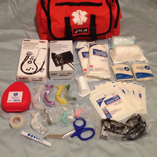 Loaded stethoscope/blood pressure cuff/oral airways emt bag orange 17 x 7 x 10 for sale