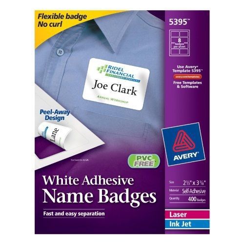 Avery adhesive name badges, 2.33 x 3.38 inches, white, box of 400 (05395) for sale