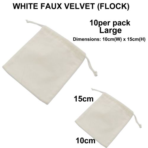 Pack of 10 large White Velvet Jewellery Drawstring Gift Bag Flock 15 x 10cms