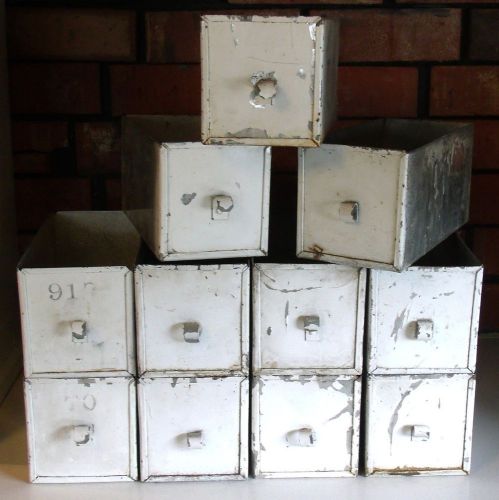 Vtg old industrial factory parts bin with chipped white paint set of 11 for sale