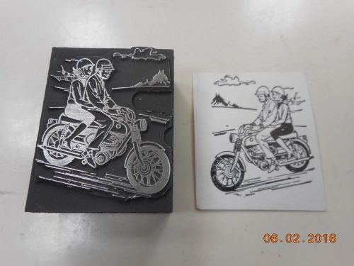 Letterpress Printing Block, Boy &amp; Girl Riding on Motorcycle, Type Cut