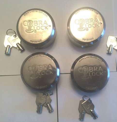 Four (4) cobra round tubular key- hidden shackle puck padlock &#034;new&#034;  keyed alike for sale