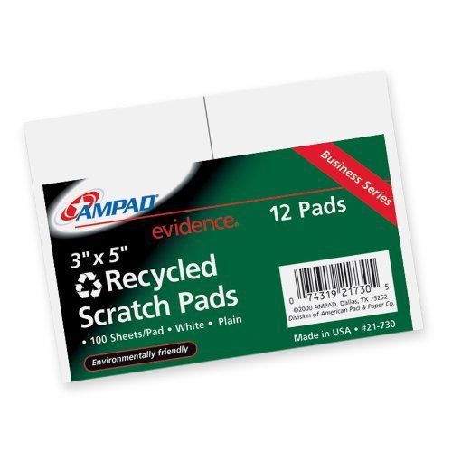 Ampad Scratch Pad Notebook, Unruled, 3x5 Inches, White, 100 Sheets per Pad - 12