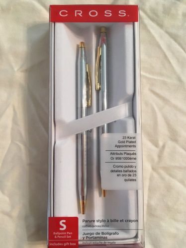 Cross 330105S Classic Century Ballpoint Pen &amp; Pencil Set 0.7mm Silver &amp; Gold NEW