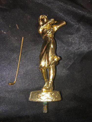 VINTAGE GOLDEN METAL LADY GOLFER IN DRESS TROPHY TOPS 6 1/8&#034;