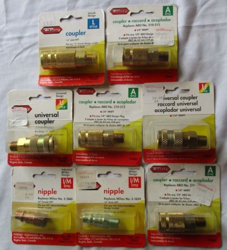 New forney 1/4&#034; air hose couplers &amp; nipples style a, style i/m   8 piece lot for sale