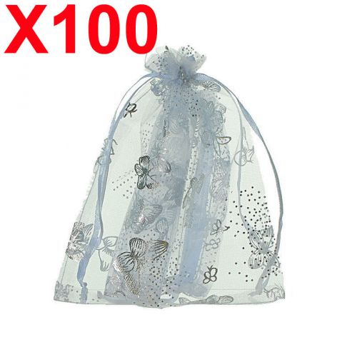 100 MEDIUM white butterfly organza gift candy bags jewellery favour pouches wrap