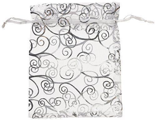 50 Organza Gift Bags White with Silver Details, 4.5&#034;x6&#034;