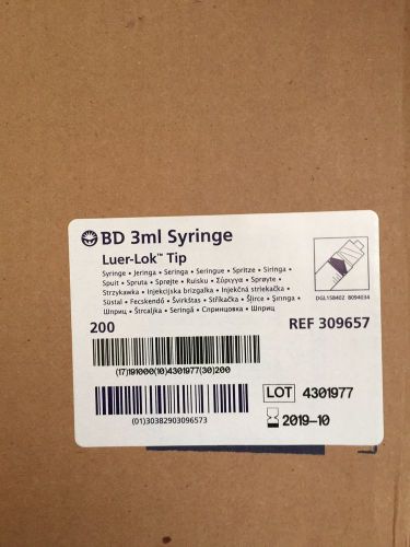 * NEW BOX of 200 BD/Beckton Dickinson (309657) 3mL Luer Lok Syringes