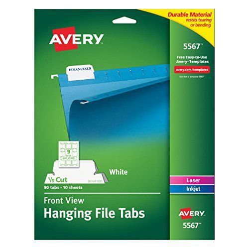 Avery Self-Adhesive Printable Hanging File Tabs, Laser/Inkjet, 1/5 Cut, White,