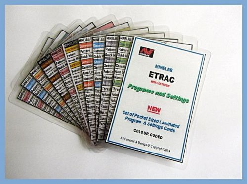 Minelab etrac. metal detector program cards. pocket size. waterproof. new for sale