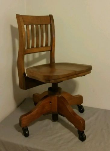 Wood Office Chair on Wheels Adjustable Height Removable Back Vintage